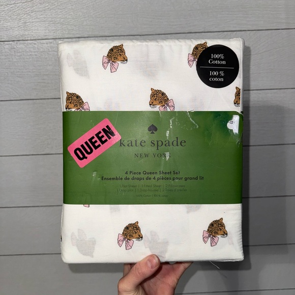 Kate Spade White Sheets with Cheetah & Pink Bow Pattern Queen Size Sheet Set NWT - Picture 1 of 4
